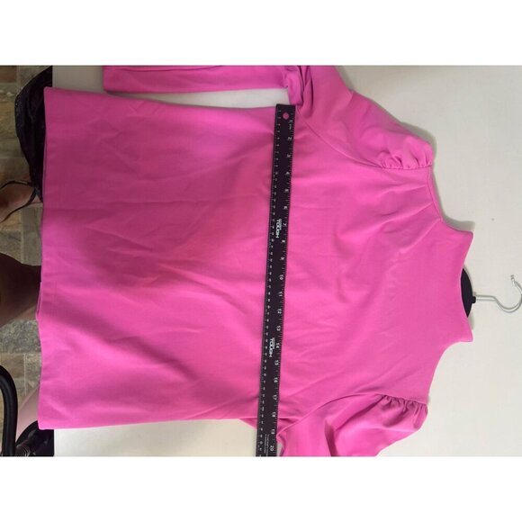 Ann Taylor Petite Sz LP Mock Neck Puff Sleeve Bright Pink Barbiecore Top Blouse - Picture 6 of 6